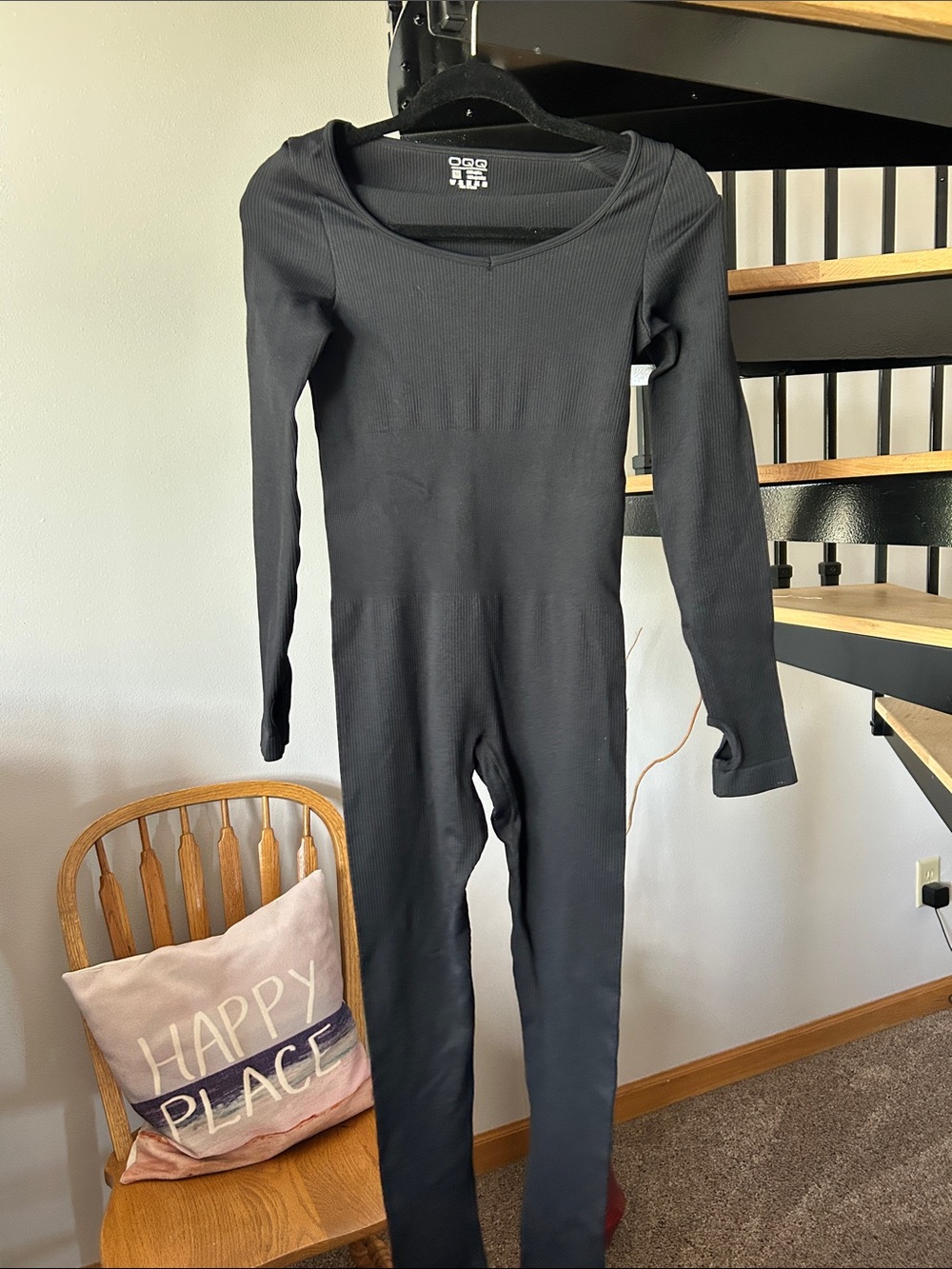 Black Long Sleeve Ribbed One-Piece Thermal Jumpsuit